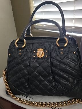 Marc Jacobs Black Quilted Leather Satchel with Gold Hardware and Chain